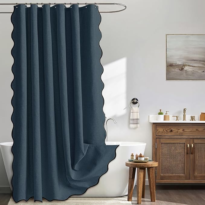 MIULEE Navy Blue Scalloped Shower Curtain Linen Textured with 12 Metal Hooks Cute Heavy Duty Washable Waterproof Thick Cloth Shower Curtains with Black Border for Bathroom Hotel Bathtub,W72*L72