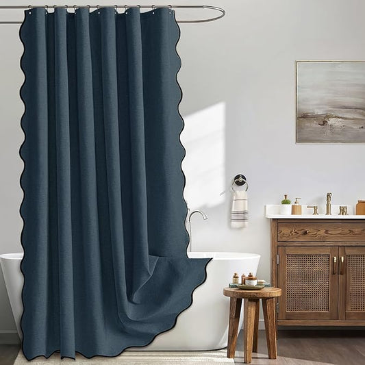 MIULEE Navy Blue Scalloped Shower Curtain Linen Textured with 12 Metal Hooks Cute Heavy Duty Washable Waterproof Thick Cloth Shower Curtains with Black Border for Bathroom Hotel Bathtub,W72*L72