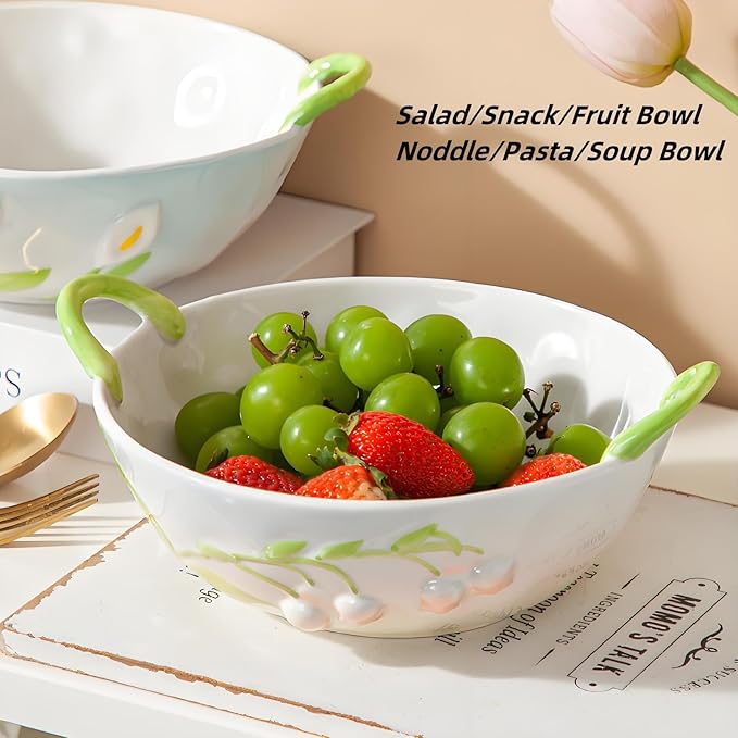 Ceramic Fruit Bowl with Handles, 3D Hand-Painted Lily of the Valley Floral Design Serving Bowl for Soup, Pasta, Salad and Snacks, 24oz, Microwave & Dishwasher Safe