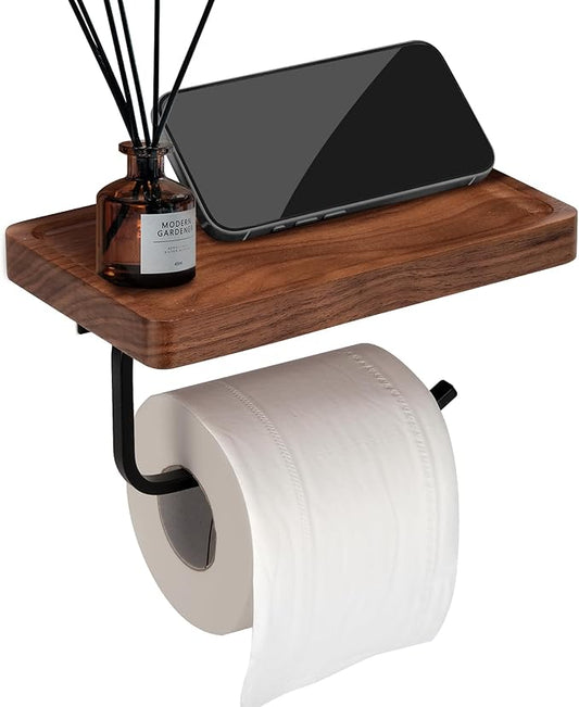 Toilet Paper Holder with Walnut Wood Shelf - Wall Mount & Self-Adhesive Bathroom Tissue Holder, Black Stainless Steel with Walnut Shelf for Phone - Home Apartment Restroom Decor Essentials