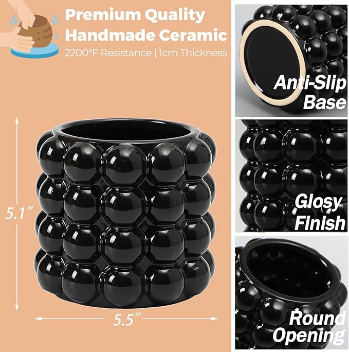 Bubble Vase, Black Ceramic Vase for Flowers, Boho Vases for Home Decor, Decorative Vases for Living Room, Office, Bathroom, Shelf, Fireplace, Farmhouse, Coffee Table, 5 Inches