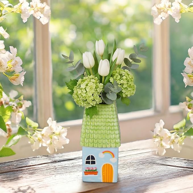 Remerry Ceramic House Shape Vase 2.4 x 3.8 Inch Mini Handmade Vase Decorative Small Flower Container for Living Room Bedroom Farmhouse Home Table Decor Cute Birthday Gift(Green)
