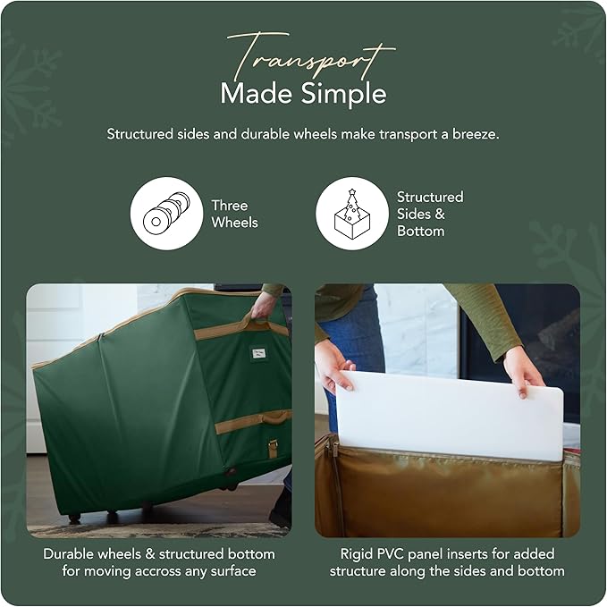 Covermates Keepsakes Christmas Tree Structured Rolling Storage Bag – Heavy-Duty Holiday Storage Container with Wheels, Padded Handles & Sturdy Inserts – Closet & Garage Organization, Green
