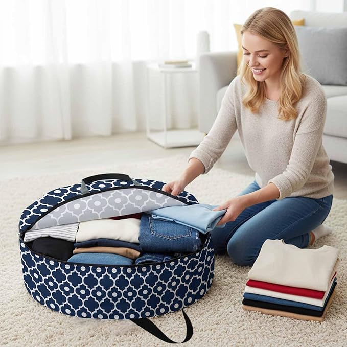 Storage Bag Blue Moroccan Design Round Storage Totes Bins Closet Organizers with Zippers & Handle Geometric Art Clothes Storage Container for Bedroom Dorm Space Saving Packing Supplies Moving Bags
