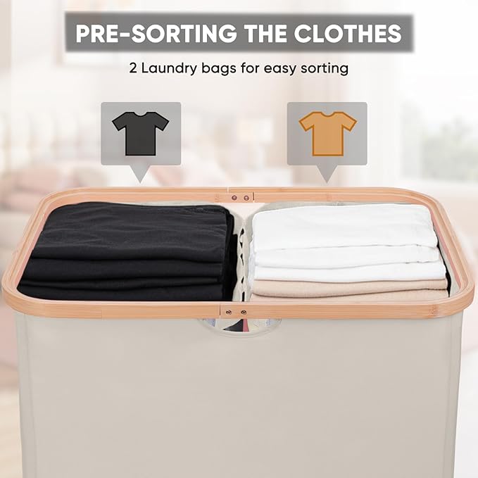BALEINE Laundry Hamper with Lid, Tall Laundry Baskets with Bamboo Pull Handles, Large Laundry Bin with Internal Support (36 Gal/140L, Beige)