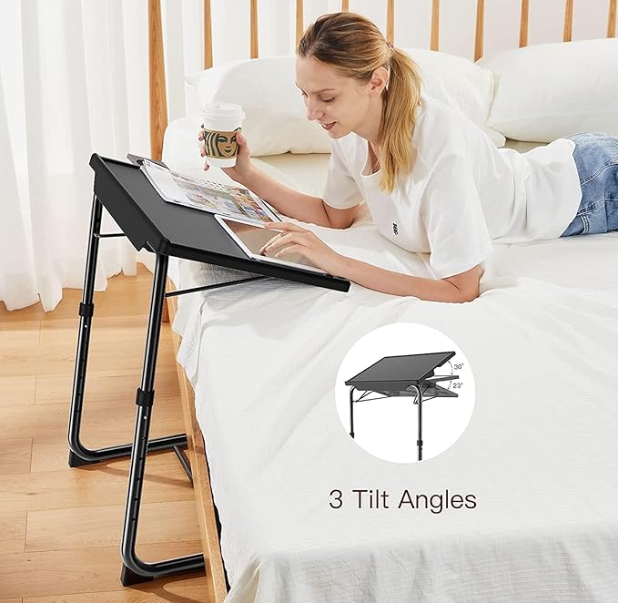 HUANUO Adjustable TV Tray Table - TV Dinner Tray on Bed & Sofa, Comfortable Folding TV Tray with 6 Height & 3 Tilt Angle Adjustments (Black)