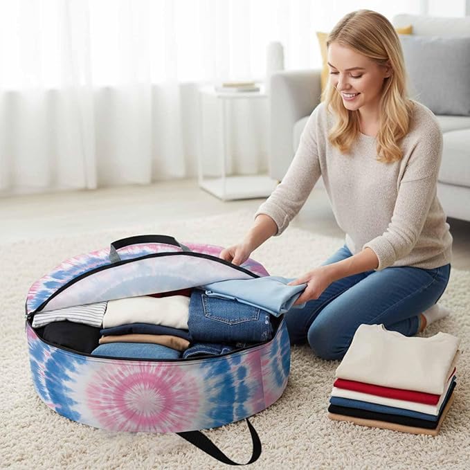 Storage Bag Blue Pink Tie Dye Round Storage Totes Bins Closet Organizers with Zippers & Handle Bohemian Tribal Style Clothes Storage Container for Bedroom Dorm Space Saving Packing Supplies Bags