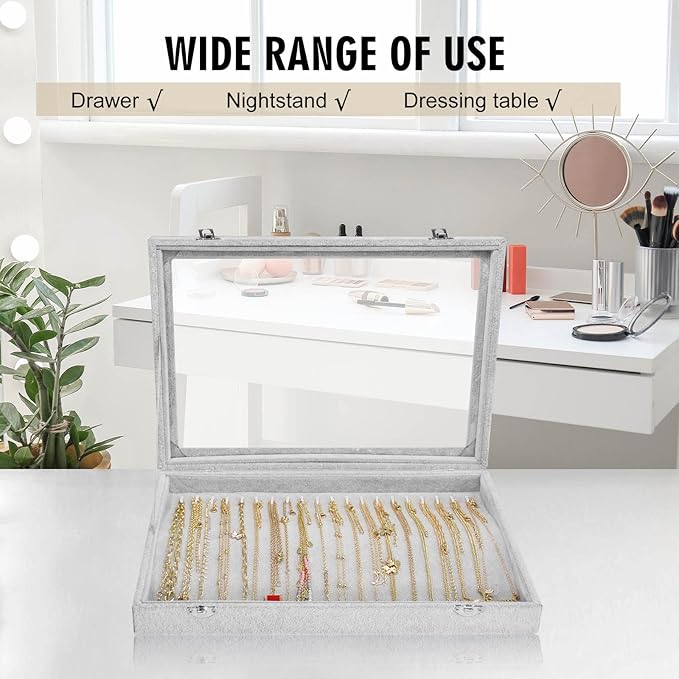 Siveit Necklace Organizer Box Premium 20 Hooks Necklace Display Jewelry Tray with Transparent Lid Jewelry Necklace Display Box for Necklace Pendants Suitable for Women and Girls (Grey)