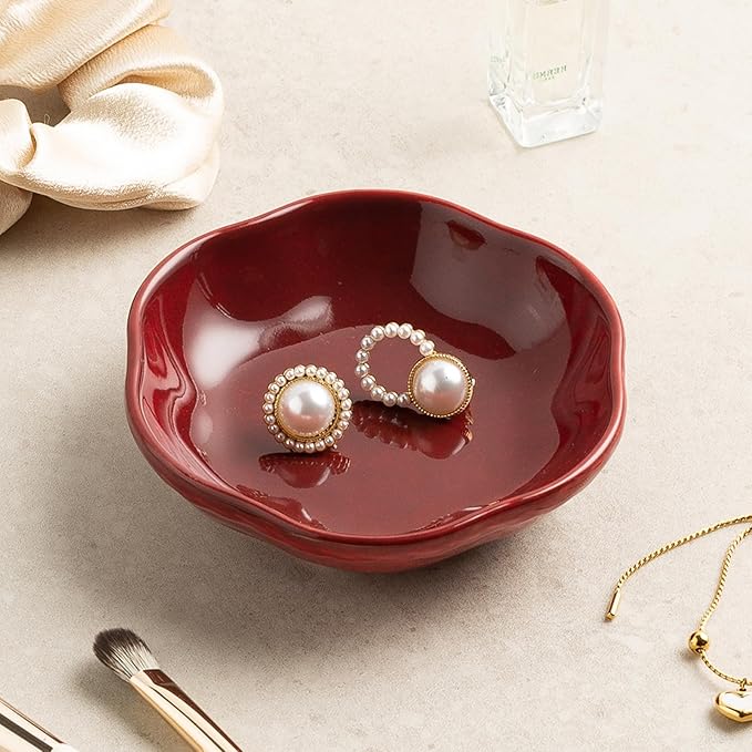 Ceramic Jewelry Organizer 4.1 Inch - Floral Design Ring Tray for Room Decor Aesthetic - Elegant Jewelry Holder Bowl for Bedroom Nightstand,(red)