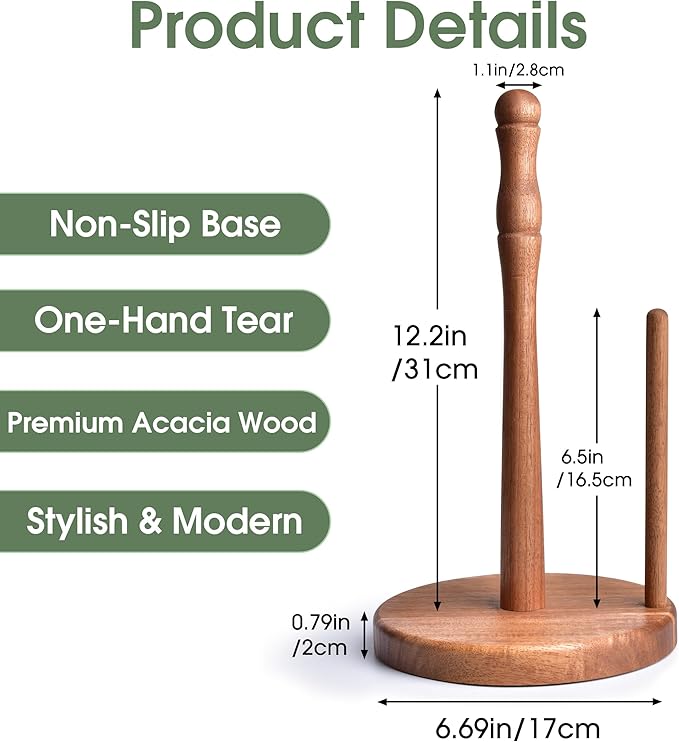 Farmhouse Acacia Wood Paper Towel Holder Countertop, Weighted Base for Kitchen & Bathroom, One-Handed Operation, EPTH, Wooden Standing Towel Roll Organizer, for Standard & Jumbo Rolls