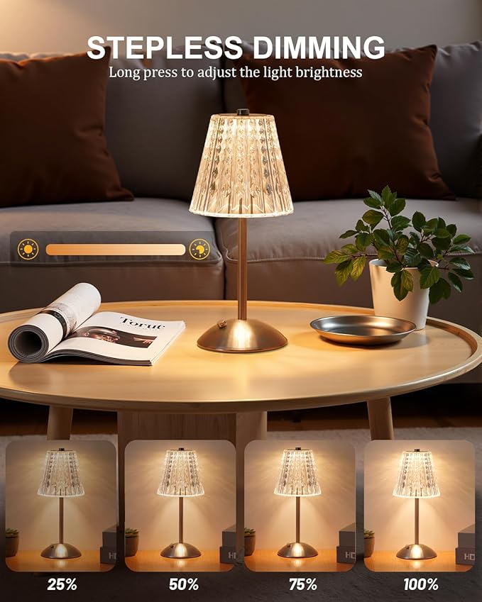 Nusogon Cordless Touch Table Lamp, LED Rechargeable Small Dask Lamp, 3 Colors Dimmable Battery Operated Crysta Lamp for Bedroom Restaurant Kitchen Home Decor,Silver