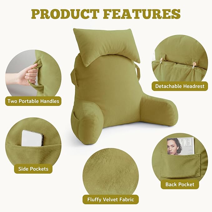 Unisakey Portable Reading Pillows with Headrest for Bed Sitting Up(Pale Green Oeko-Tex), Velvet Back Pillow with Arms & Pockets for Adults, Support Memory Foam Bed Pillow for Dorm/Watching/Gaming