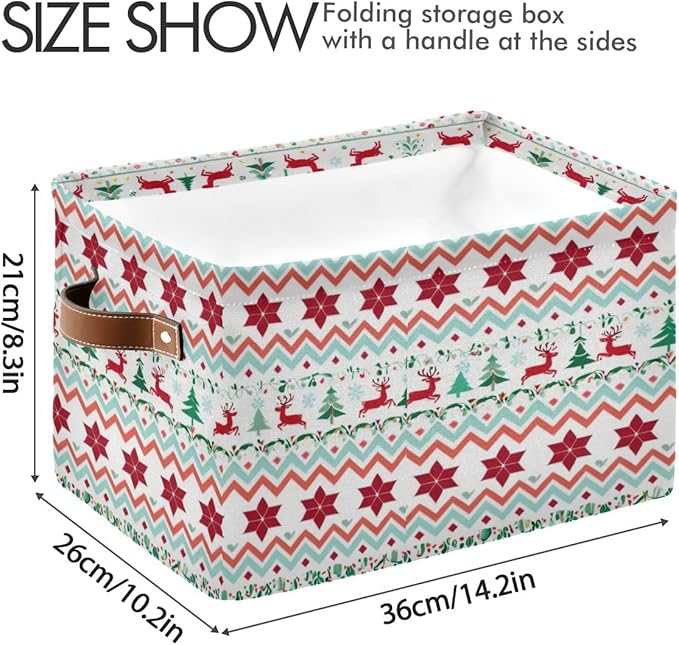 Christmas Storage Box, Canvas Foldable Organizer with Reindeer Pattern, 14.2x10.2x8.3 Inches, Brown Leather Handles, for Bedroom Closet Storage