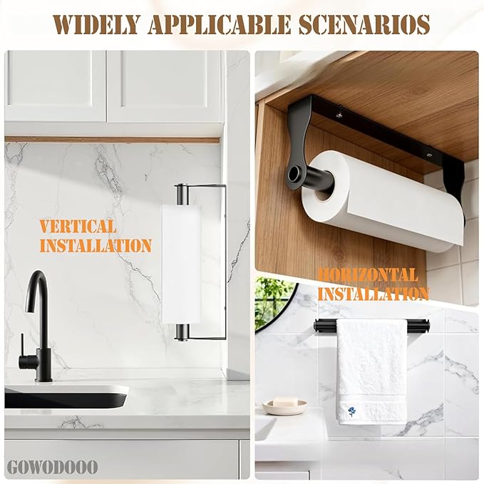 Paper Towel Holder Under Cabinet,Black Stainless Steel Under Counter Wall Mount,Paper Towel Holder,Waterproof and Rustproof Self-Adhesive Kitchen Roll Rack for Kitchen/Living Room/Bathroom