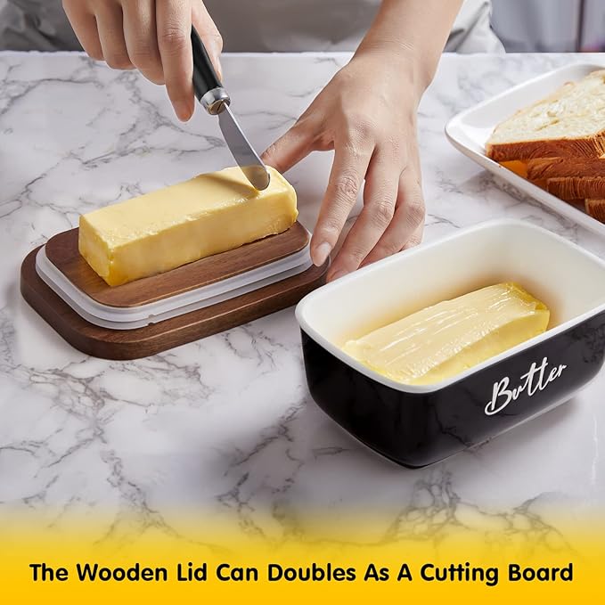 ALELION Black Butter Dish with Lid and Knife for Countertop - Airtight Ceramic Butter Keeper Container with Thick Acacia Wood Lid for Counter or Fridge - for Farmhouse Kitchen Decor and Accessories