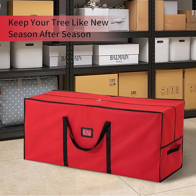 combocube Large Christmas Tree Storage Bag 7.5 ft, 600D Oxford Fabric Heavy Duty Christmas Tree Container, Waterproof Xmas Artificial Tree Storage Box with Reinforced Handles and Dual Zippers, Red