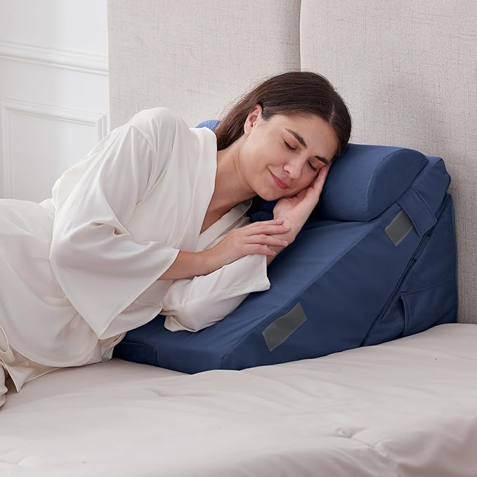 Ruqmuis 3PCS Wedge Pillow Set for After Surgery, Adjustable 9&12 Inch Bed Wedge Pillow for Sleeping, Incline Pillow Wedge for Headboard, Post Surgery, Acid Reflux, Neck&Back Support, Navy