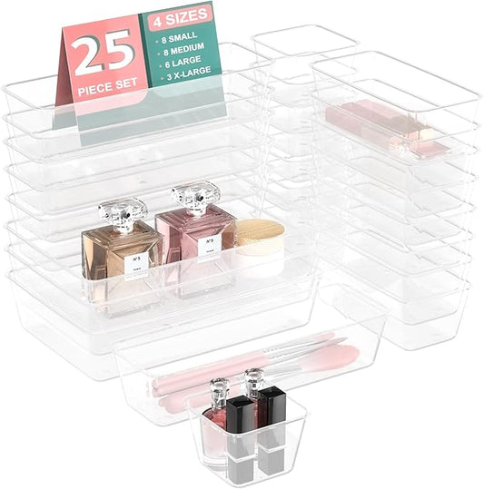 25 PCS Plastic Drawer Organizer Set, 4-size Clear Bathroom and Vanity Desk Drawer Organizer Trays, Non-Slip Versatile Storage Bins for Makeup Jewelry Office Kitchen Gadgets