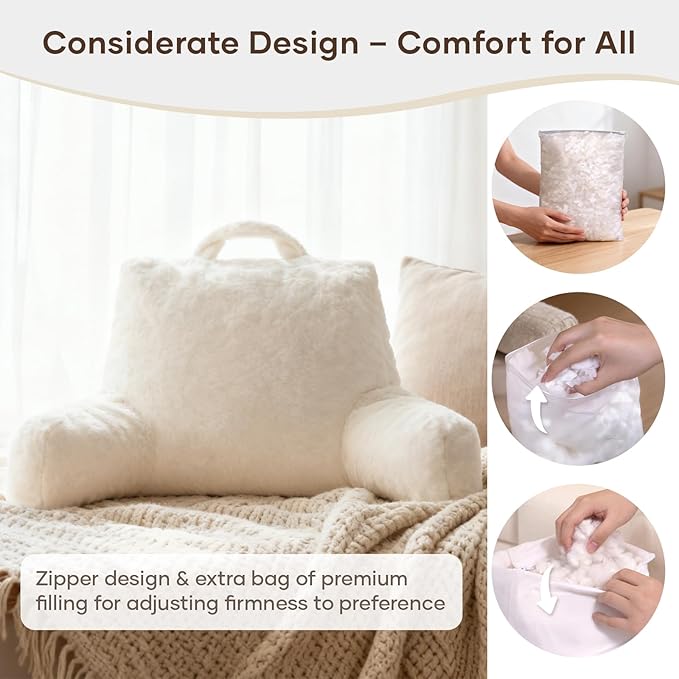 NOONTIDE Reading Pillow for Sitting up in Bed and Couch,Large Back Pillow for Adult & Teens with Soft Adjustable Neck Roll Backrest Pillow,Washable Cover,Watching TV/Gaming/Relaxing(FurryWhite)