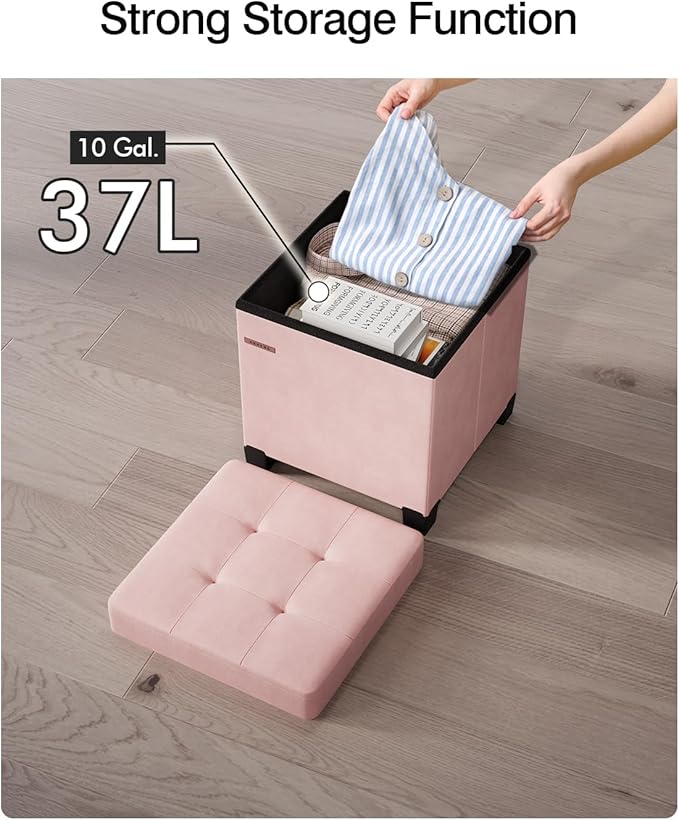 ABHENG Cube Storage Ottoman, Velvet Foot Stool with Feet, Folding Storage Bench, End of Bed Bench, Chest, for Living Room, Bedroom and Office, 15 x 15 x 15.7 Inches, Jelly Pink, ASND22P