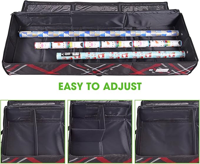 Propik Wrapping Paper Storage Container | Gift Wrap Organizer Under Bed | 41”x14”x6” | Box Holder for 18-24 Rolls Up to 40” | 600D Oxford Material | Pockets for Ribbon, Bows and Accessories (Plaid)