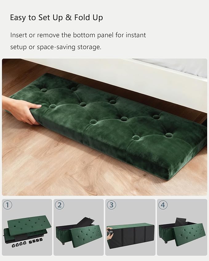 LITZFUR Storage Ottoman Bench, 43 Inch Foldable Ottoman with Legs, Velvet Foot Rest Stool, End of Bed Bench, Storage Chest for Living Room, Bedroom, Green