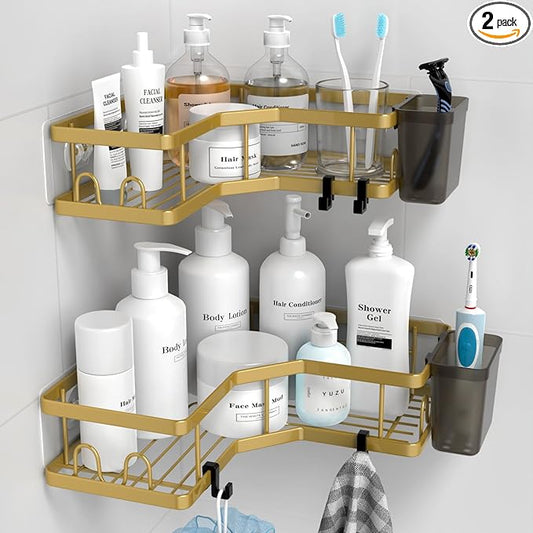 AKTECKE Corner Shower Caddy Organizer Shelf: 2Pack Adhesive Shower Rack, No Drilling Stainless Steel Shower Storage Shelves for Bathroom Kitchen (Gold)