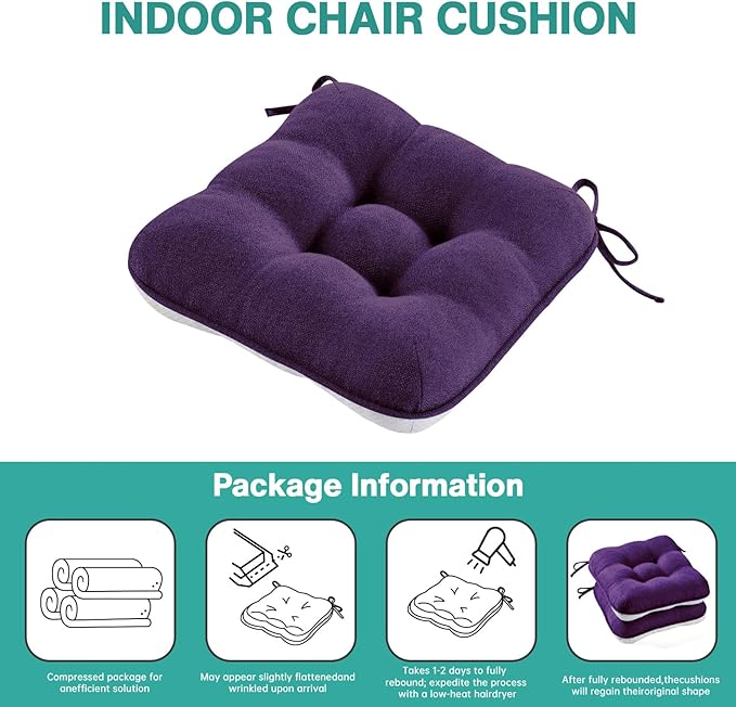 BETU Chair Cushions for Dining Chairs Set of 4,3.5" Thick Kitchen Table Chair Pads with Ties,Non Slip Backing and Covers, Seat Cushion for Dining Room,Bar,Patio Chairs,16"X16"X3.5",Dark Purple