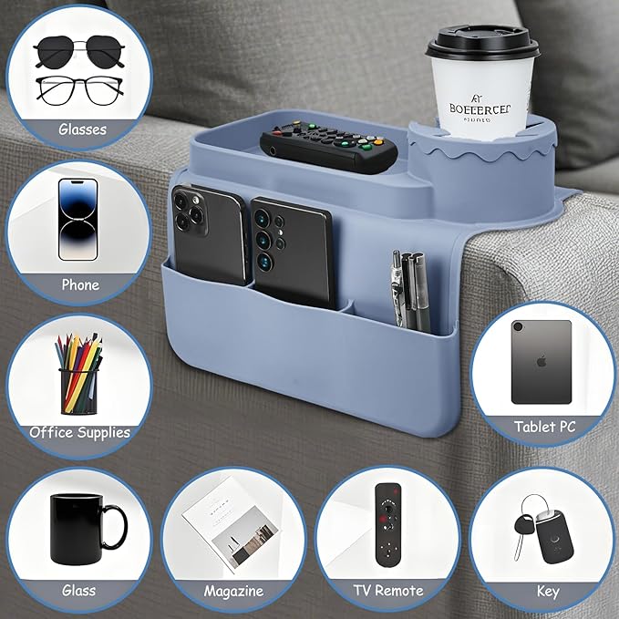 Silicone Couch Cup Holder Tray, Dirt-Resistant Silicone Couch Arm Tray for Remote, Anti-Spill Cup Holder and Anti-Slip Sofa Caddy for Snacks, Cellphone and iPad (Light Gray)
