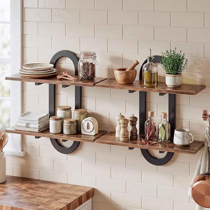 Arched Floating Shelves Set of 2, 15" Vintage Distressed Wall Mounted Shelves with Capsule Frame, Rustic Burnt Wood Hanging Shelves for Bathroom, Living Room, Kitchen, Brown