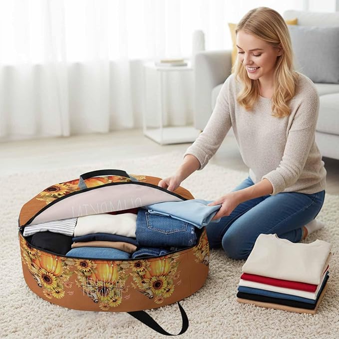 Hello Pumpkin Round Storage Bag 24 Inch, Thanksgiving Retro Sunflowers Clothes Storage Container with Handles Heavy Duty Organizer for Comforter, Bedding & Holiday Wreaths