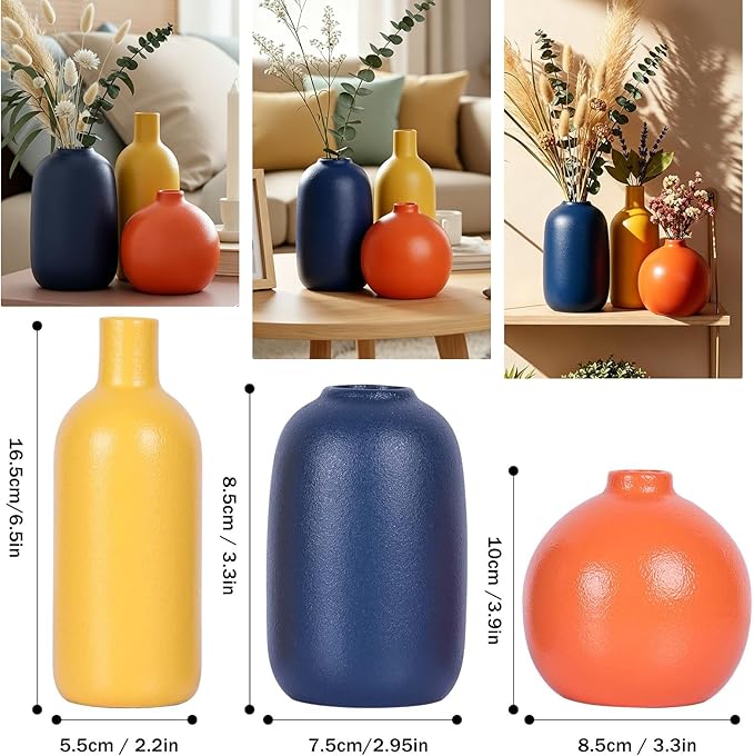Colorful Ceramic Vase Set, Small Burnt Orange Blue Yellow Vases Home Decor,Fall Décor Modern Farmhouse Vases for Home Decor, Organic Decor Accents for Living Room, Table, Shelf, Entryway, Set of 3