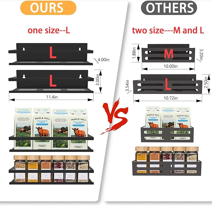 SMRCAD Magnetic Spice Rack for Refrigerator, 4pack Magnetic Shelf for Fridge Space Saving Seasoning Organizer for Any Metal Surface No Drilling Needed (BLACK -cut out, 4pack)