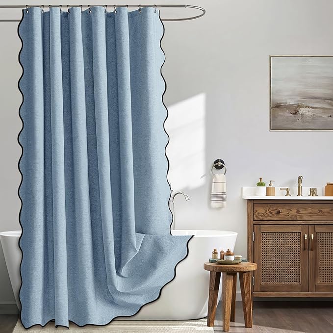 MIULEE 84" Long Scalloped Shower Curtain Linen Textured with 12 Metal Hooks Cute Extra Long Heavy Duty Washable Waterproof Cloth Shower Curtains with Black Border for Bathroom Hotel,Moonlight Blue