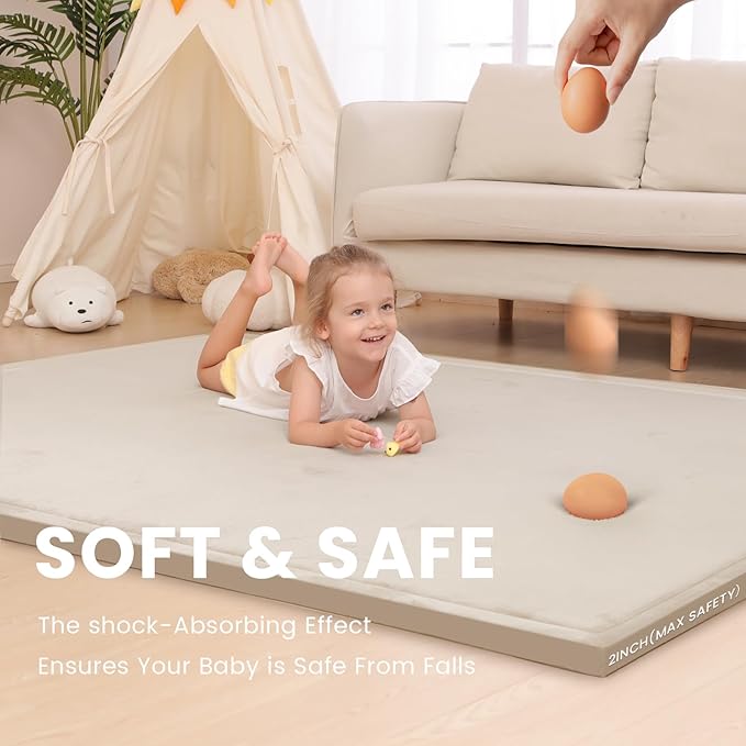 Huloo Sleep Ultra Soft Baby Play Mat for Floor, 1.3" Thick Elasti-Foam 65x50 Play Mat for Playpen,Water-Repellent Coral Velvet for Tummy Time, Non-Slip Backing,Safe for Toddlers & Infants（Beige）