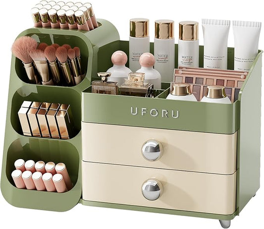 Makeup Organizer for Vanity with Brush Holder, Large Plastic Bathroom Countertop Skincare Organizer with 2 Drawers, Spacious Cosmetic Display Case for Perfumes, Eyeshadow Palettes, Nail Polishes