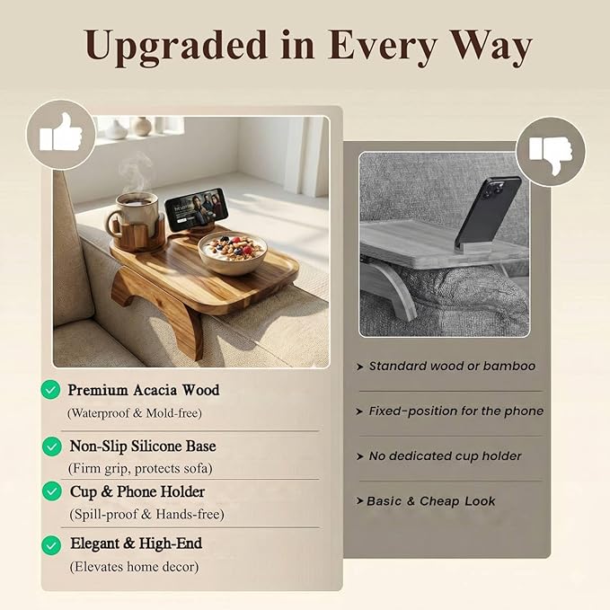 Couch Armrest Table, Acacia Wood Sofa Arm Tray with 360° Rotating Phone & Cup Holder, Clip-On Arm Rest Table for Couch, Anti-Slip Armrest Tray for Snacks & Drinks, 15.4" x 9.8"