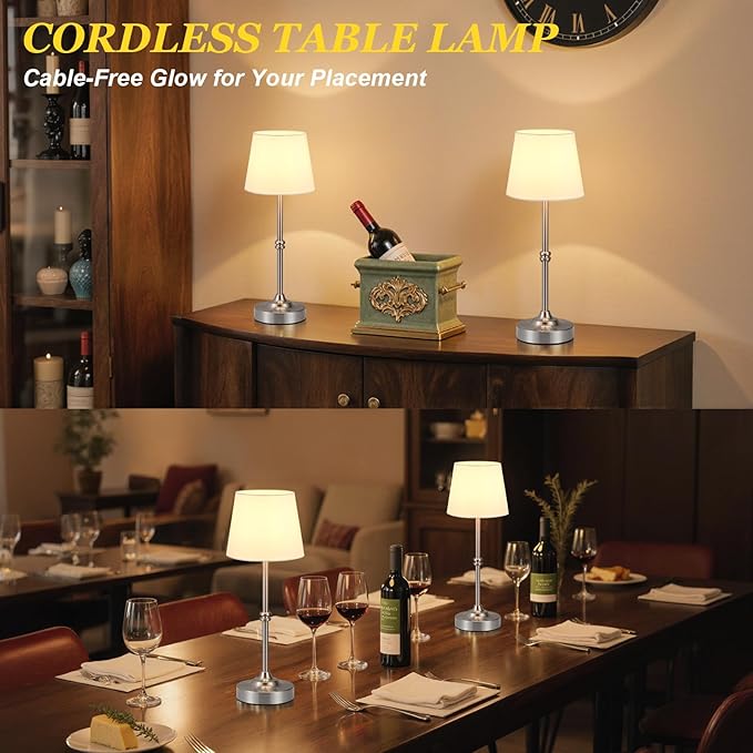 Kakanuo Rechargeable Cordless Table Lamp Silver - 1 Pack 4000mAh Battery Operated Lamp, Touch Control Stepless Dimming, for Home Decor, Dining Table, Living Room, Bedroom