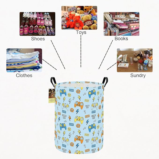 HUNRUNG Collapsible Fabric Storage Basket, Waterproof Laundry Hamper with Handles, Round Storage Bin for Clothes Toys, Foldable Organizer for Bedroom Nursery Bathroom(Round-Color Game)