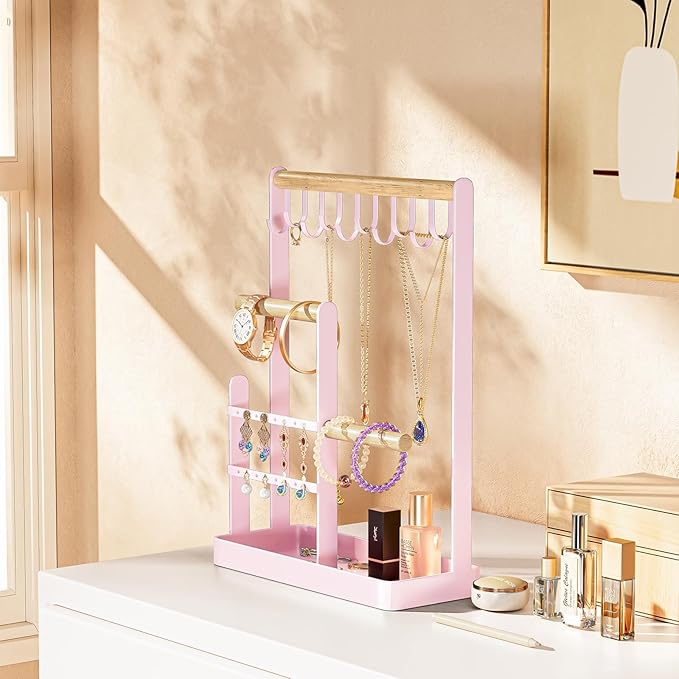 ProCase Jewelry Stand Holder Organizer, 4-Tier Necklace Holder with Ring Tray, 10 Hooks Necklaces Hanging Small Jewelry Display Storage Tower Tree for Bracelets Earrings Watches -Medium, Pink