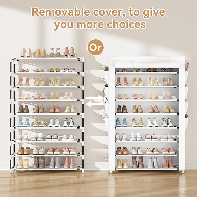 VILICK Shoe Rack with Cover, 8 Tier Tall Shoe Organizer Storage for 36-45 Pair Shoes and Boots Large Shoe Storage Shelf Free Standing Shoe Rack for Closet, Front Door Entrance, Dorm, Garage, White