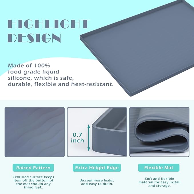 URMONA Waterproof Silicone Under Sink Mat 16'' x 10'' Shelf Liner for Kitchen and Bathroom, Cabinet and Counter Protector, Storage and Organizers, Litter Mat, Pet Cat Puppy Essentials(Navy)
