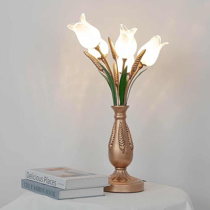 Skyblaze Classic Style Table Lamp with Flower Glass Shade, Elegant Flower Night Light, Art Deco Accent Table Lamp for Bedroom Living Room (White, 5 Lights)
