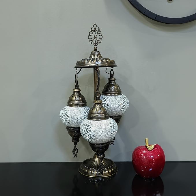 Asylove Turkish Lamp, 3 Globe Turkish Mosaic Table Lamp, Living Room and Office Decoration Lighting 5 inc Globe Total Dimesions 12 x 12 x 24 inch (Daisy White)