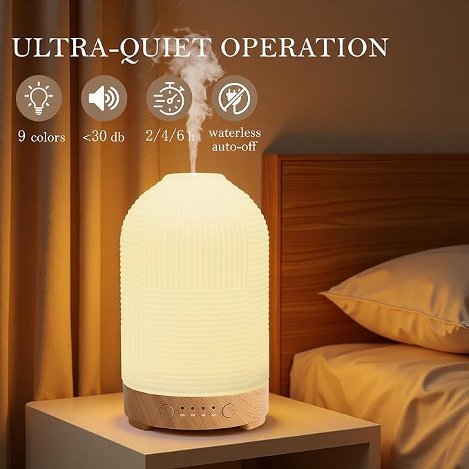 200ml Ultrasonic Essential Oil Diffuser,Aromatherapy Diffuser with 9 Color,2h/4h/6h Time,Ceramic Diffuser Oil Machine,Auto Shut-Off,Aroma Oil Diffusers for Home,Bedroom,Office