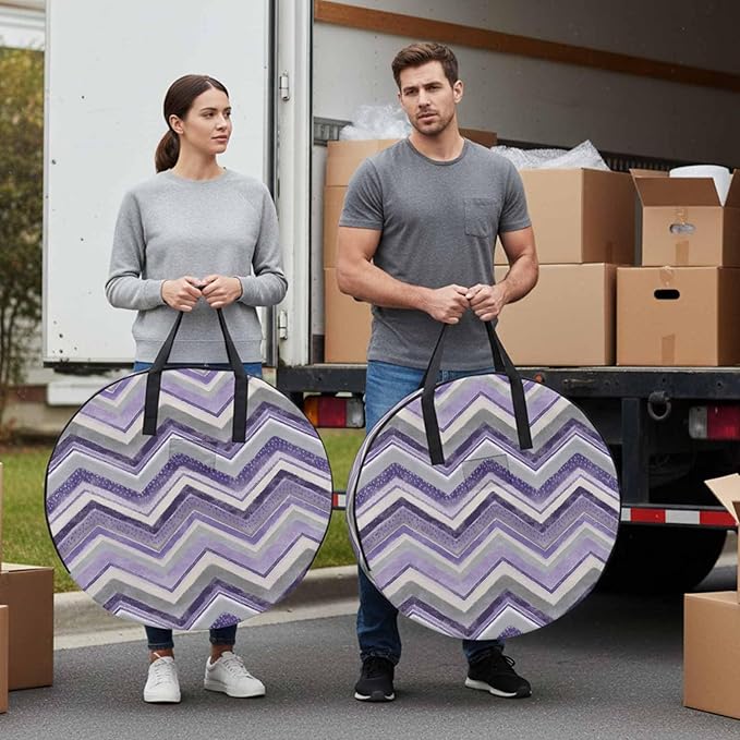 Storage Bag Purple Grey Chevron Round Storage Totes Bins Closet Organizers with Zippers & Handle Geometric Design Stripe Clothes Storage Container for Bedroom Dorm Space Saving Packing Supplies Bags