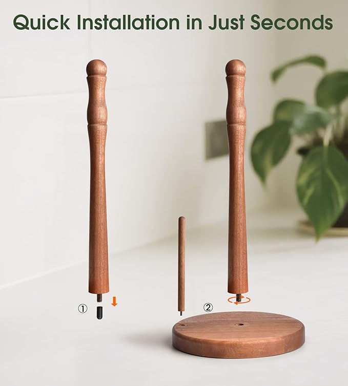 Farmhouse Acacia Wood Paper Towel Holder Countertop, Weighted Base for Kitchen & Bathroom, One-Handed Operation, EPTH, Wooden Standing Towel Roll Organizer, for Standard & Jumbo Rolls