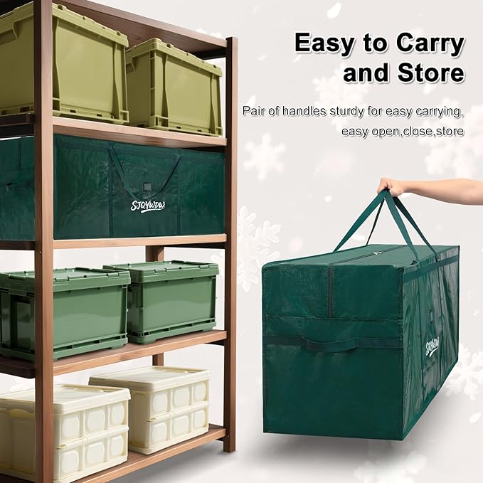 Christmas Tree Storage Bag 9ft, Heavy Duty Artificial Xmas Bag with Reinforced Handles, Dual Zippers Wide Opening, Two Mesh Pockets, PE Large Storage Container for Decorations Trees (Green)