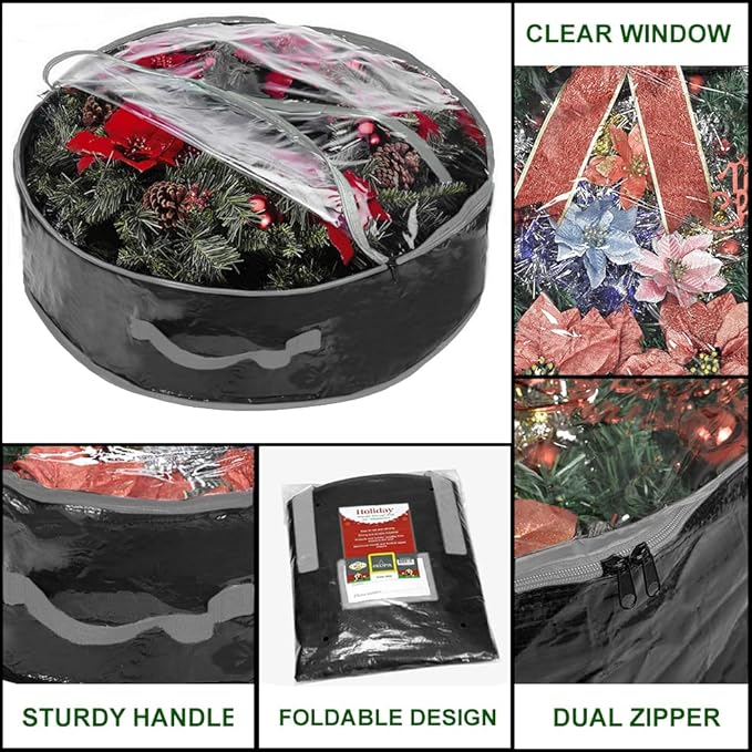 Propik Christmas Wreath Storage Bag 36" - Garland Holiday Container with Clear Window - Tear Resistant Fabric - 2 Pack (36 Inch, Black)