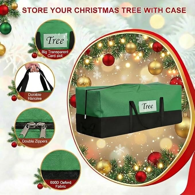 Christmas Tree Storage Bag - Fits Up 8 Ft Tall Artificial Trees - Heavy Duty Holiday Storage bag with Durable Reinforced Handles & Zipper & Transparent Pocket - 600D Oxford Container, Green